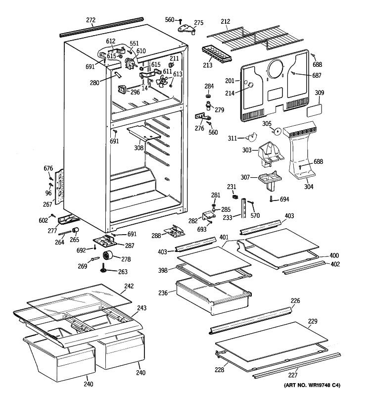 CABINET Diagram and Parts List for GTE16HBWMRWW  General Electric Refrigerator
