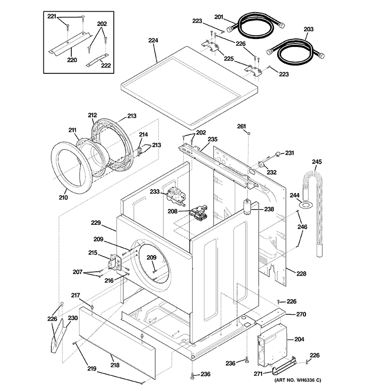 CABINET, DOOR & TOP Diagram and Parts List for WSXH208H0WW  General Electric Washer