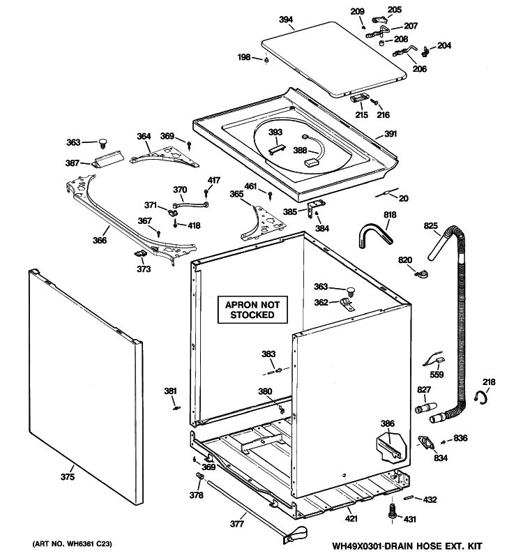 CABINET, COVER & FRONT PANEL Diagram and Parts List for WNCK2050H2WC  General Electric Washer