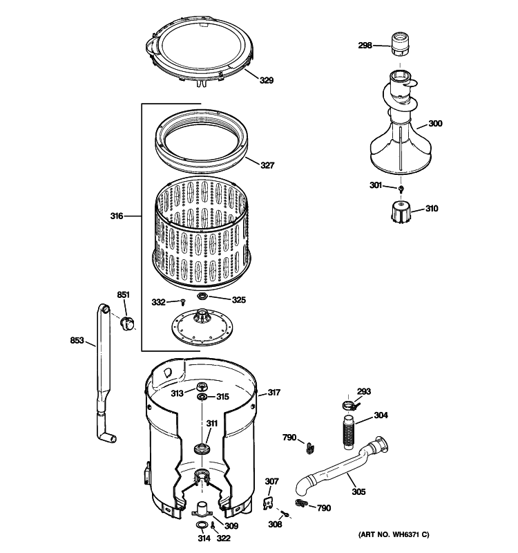 TUB, BASKET & AGITATOR Diagram and Parts List for WPRE6150H2WT  General Electric Washer