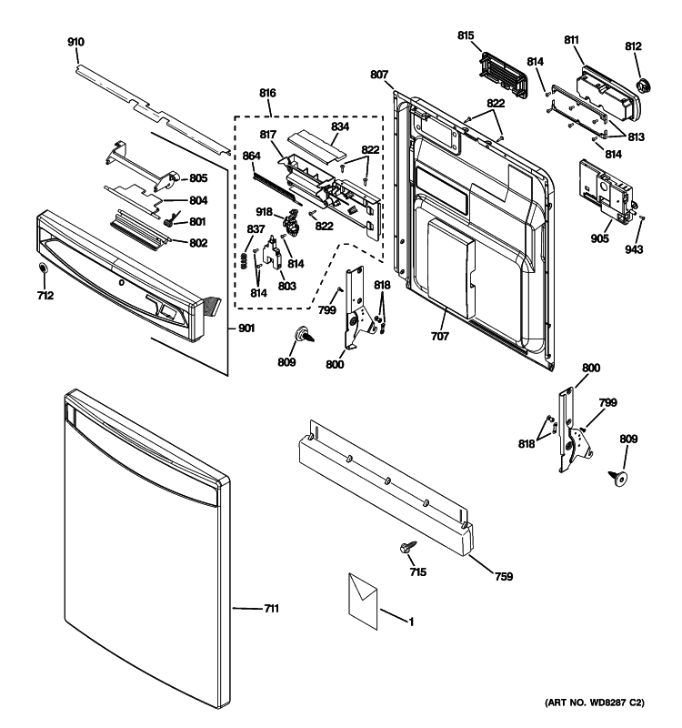 ESCUTCHEON & DOOR ASSEMBLY Diagram and Parts List for EDWF800P00BB  General Electric Dishwasher