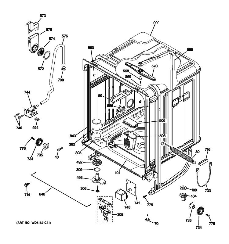 BODY PARTS Diagram and Parts List for EDWF800P00BB  General Electric Dishwasher