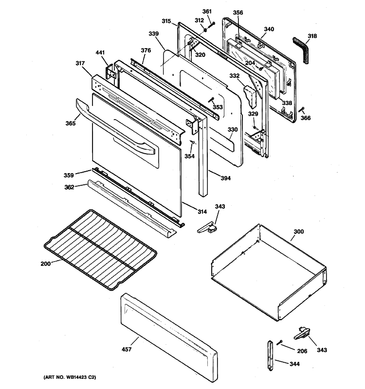 DOOR & DRAWER PARTS Diagram and Parts List for JGBP28WEK9WW  General Electric Range
