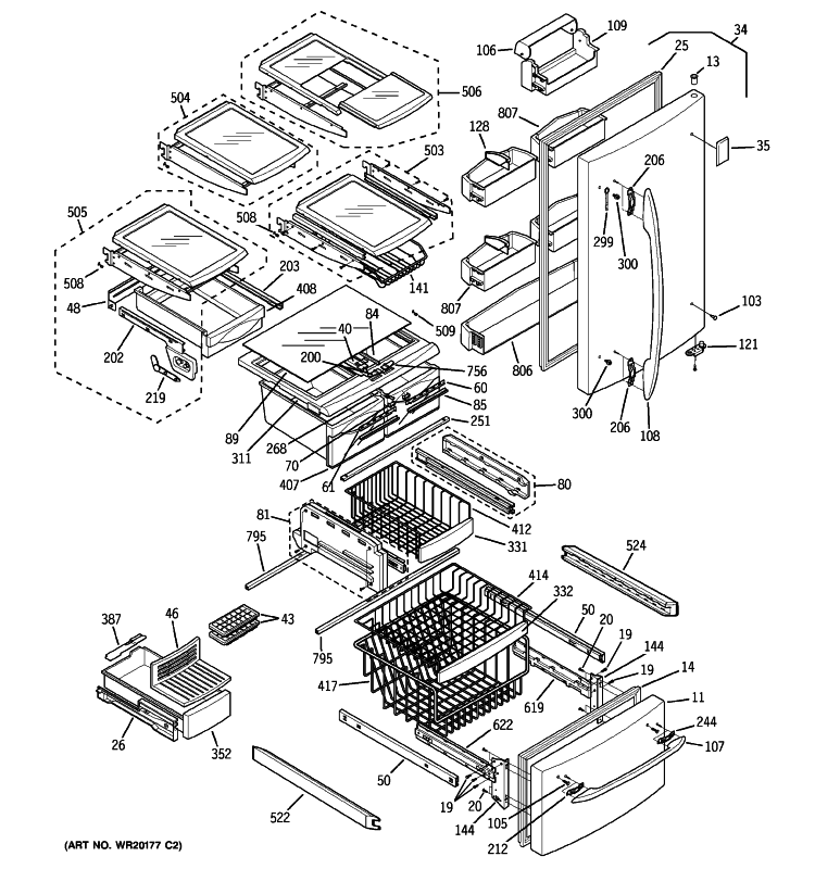 DOORS & SHELVES Diagram and Parts List for PDS22MBWBCC  General Electric Refrigerator