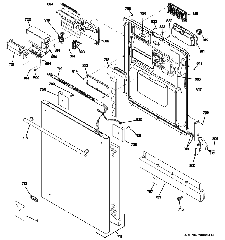 ESCUTCHEON & DOOR ASSEMBLY Diagram and Parts List for ZBD7920P10SS  General Electric Dishwasher