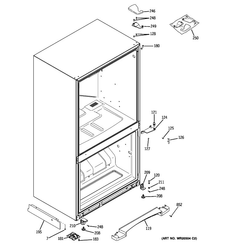 CASE PARTS Diagram and Parts List for GBSC0HBXCRBB  General Electric Refrigerator