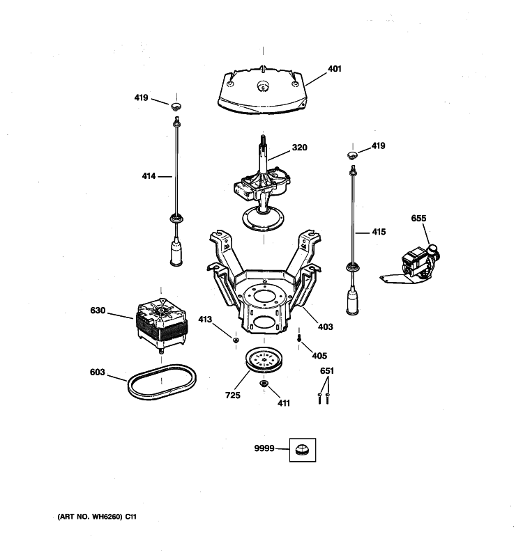 SUSPENSION, PUMP & DRIVE COMPONENTS Diagram and Parts List for VVSR1030H7WO  Hotpoint Washer