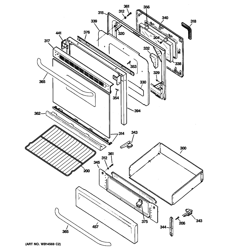 DOOR & DRAWER PARTS Diagram and Parts List for JGBP25SEN4SS  General Electric Range