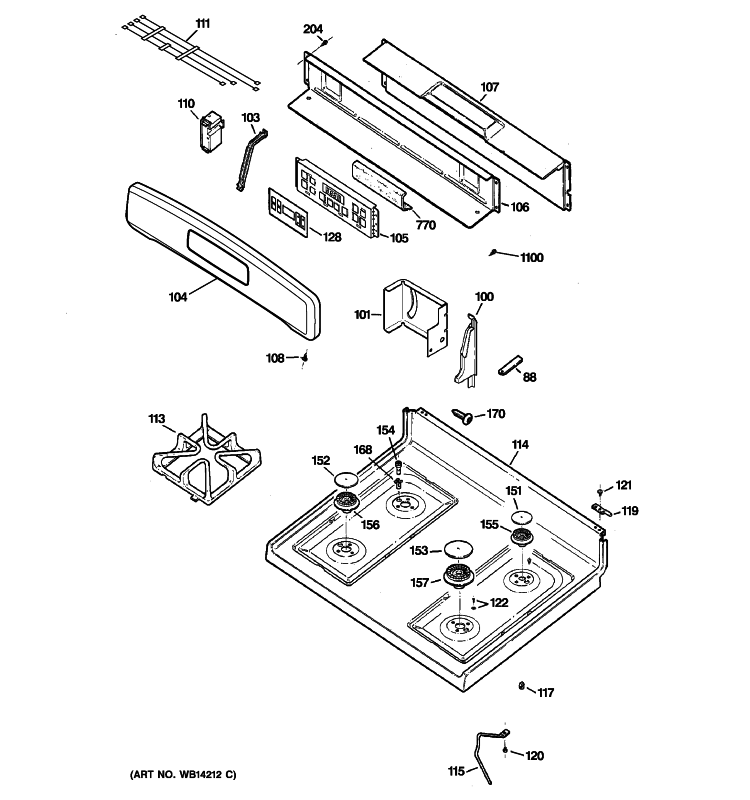 CONTROL PANEL & COOKTOP Diagram and Parts List for JGBP28CEM6WW  General Electric Range