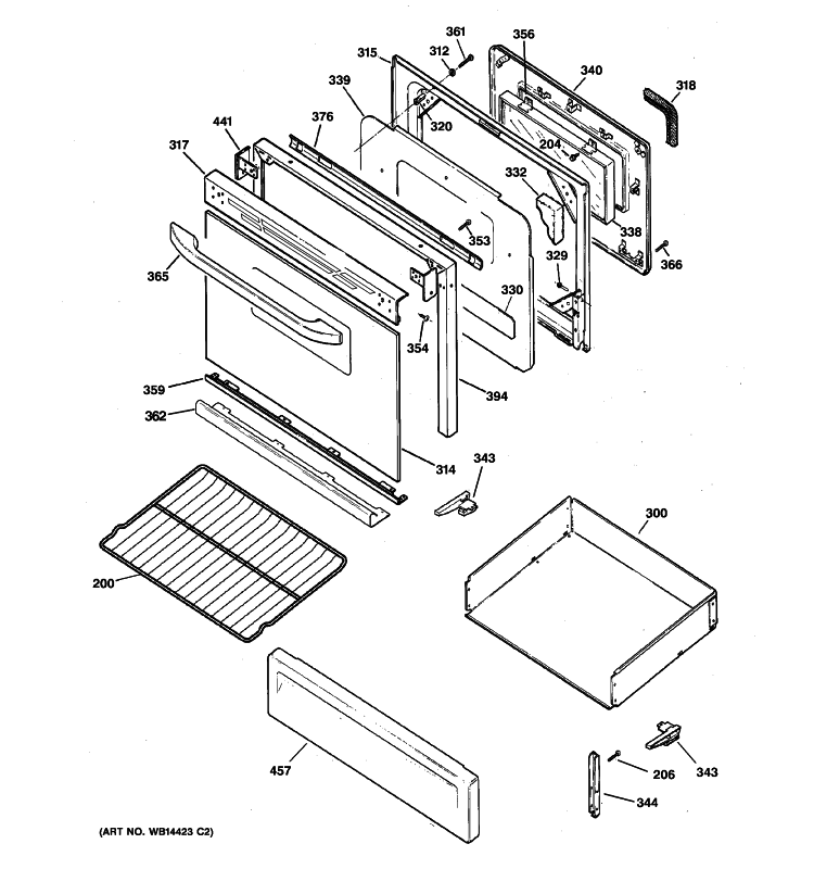 DOOR & DRAWER PARTS Diagram and Parts List for JGBP28WEK8WW  General Electric Range