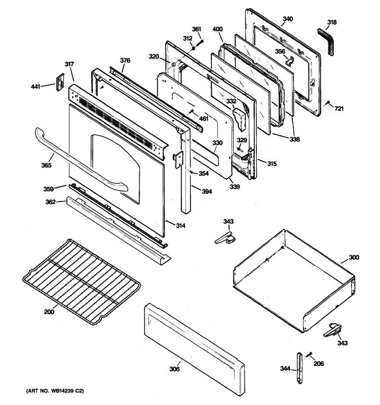 DOOR & DRAWER PARTS Diagram and Parts List for JGBP32DEM5BB  General Electric Range
