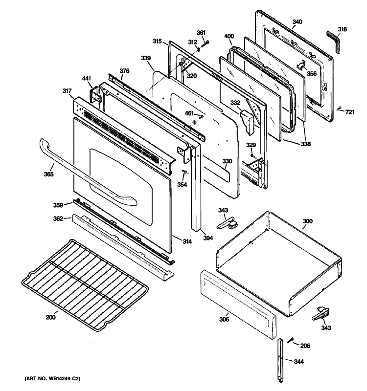 DOOR & DRAWER PARTS Diagram and Parts List for JGBP36DEM4BB  General Electric Range