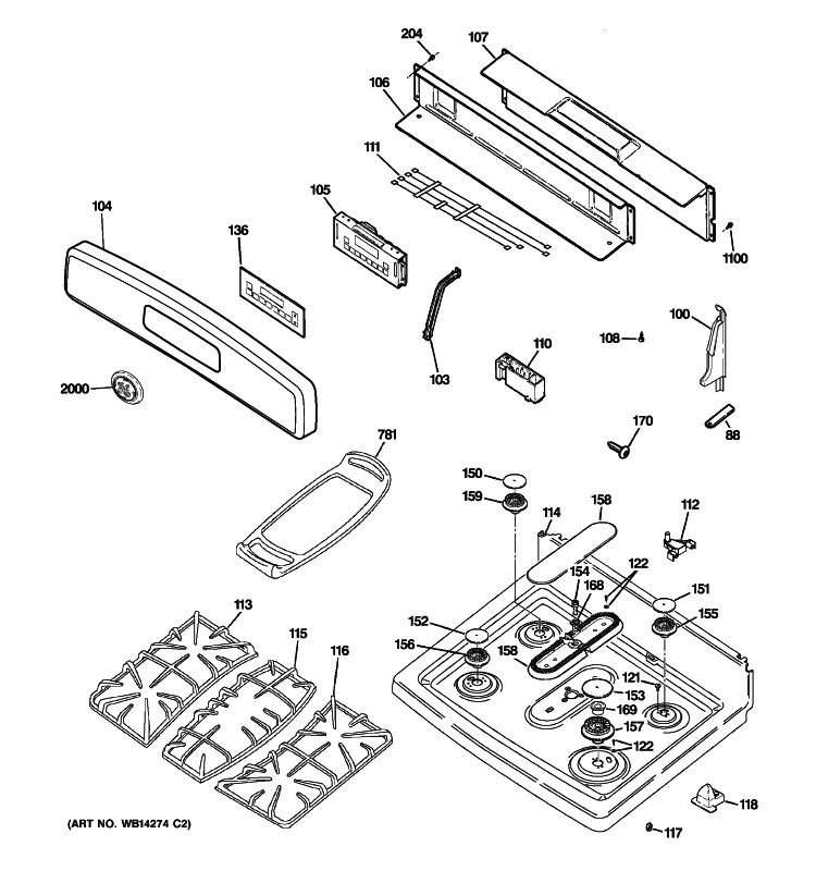 CONTROL PANEL & COOKTOP Diagram and Parts List for JGBP86DEM3WW  General Electric Range