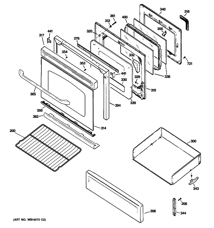 DOOR & DRAWER PARTS Diagram and Parts List for JGBP86DEM3WW  General Electric Range