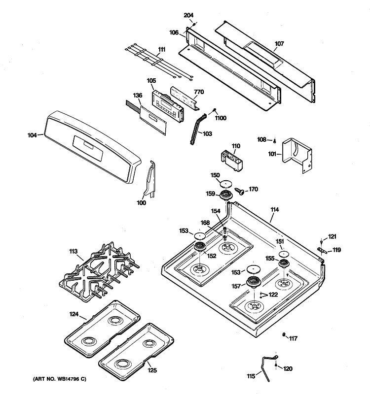 CONTROL PANEL & COOKTOP Diagram and Parts List for JGBP90MEHCBC  General Electric Range
