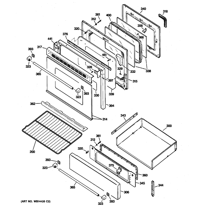 DOOR & DRAWER PARTS Diagram and Parts List for JGBP90MEHCBC  General Electric Range