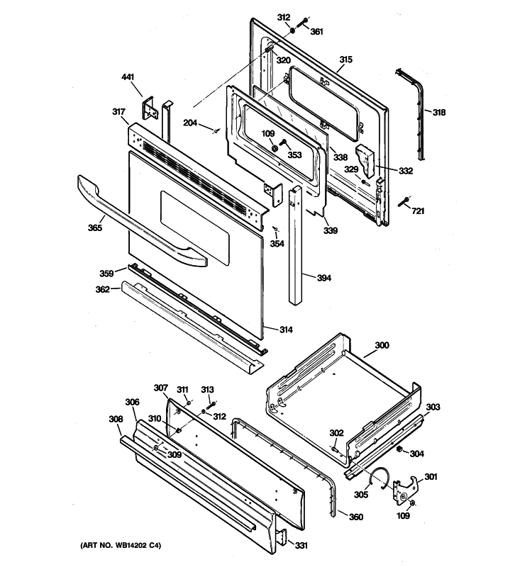 DOOR & DRAWER PARTS Diagram and Parts List for JGBS19DEN4WW  General Electric Range