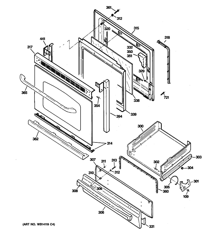 DOOR & DRAWER PARTS Diagram and Parts List for JGBS80SEM3SS  General Electric Range