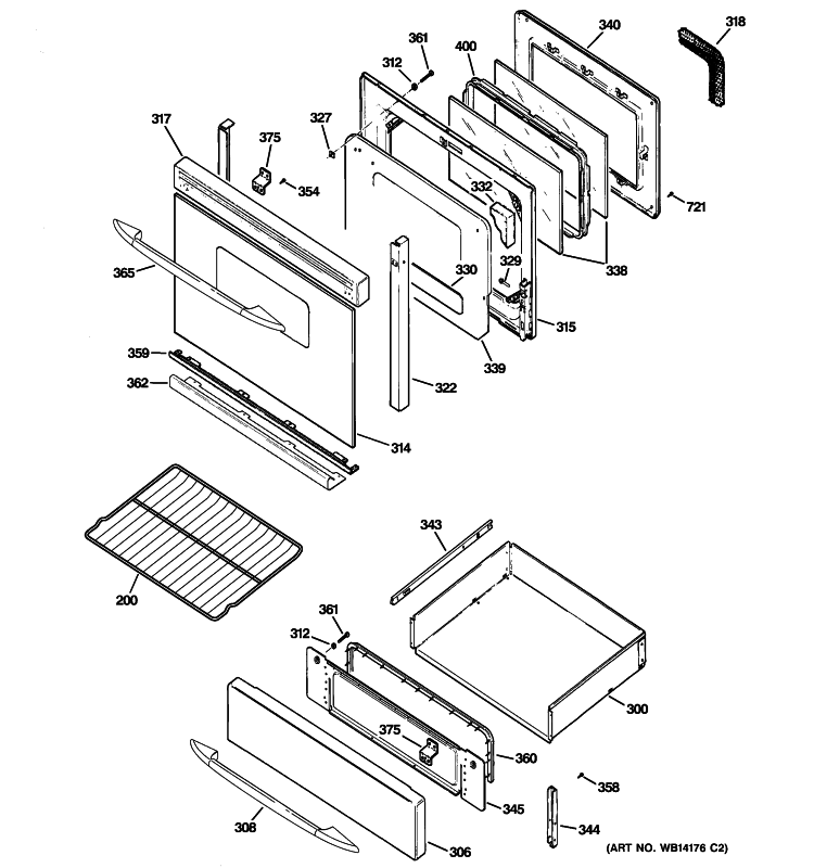 DOOR & DRAWER PARTS Diagram and Parts List for P2B912DEM3WW  General Electric Range