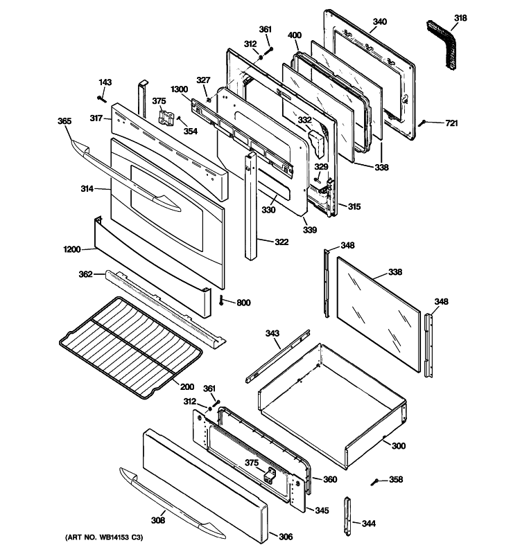DOOR & DRAWER PARTS Diagram and Parts List for P2B912SEM3SS  General Electric Range