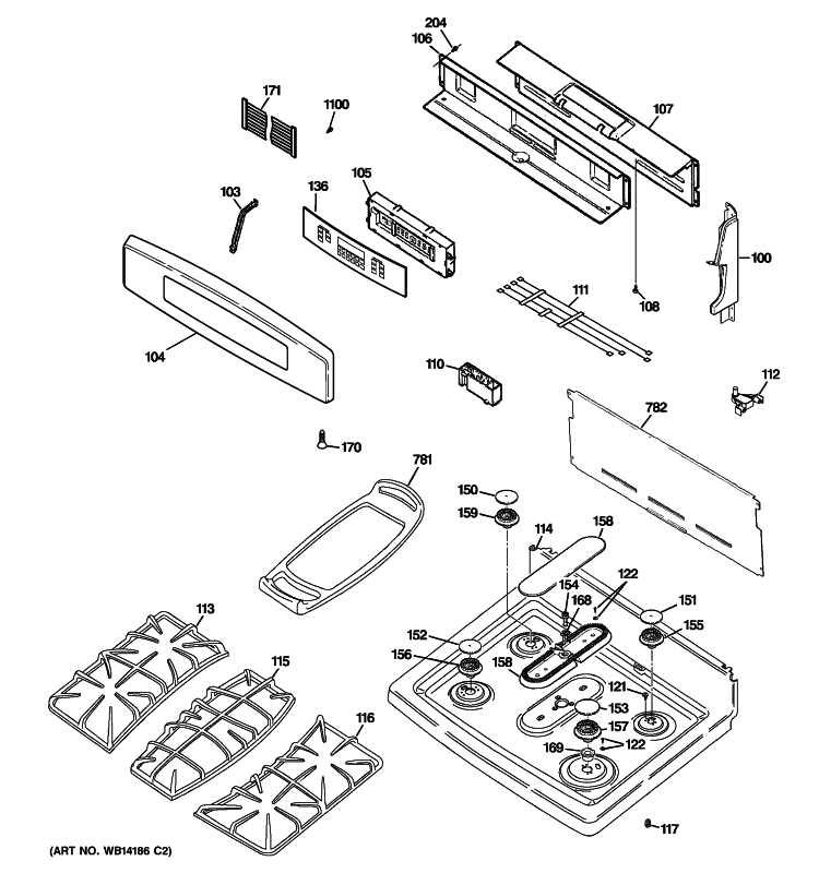 CONTROL PANEL & COOKTOP Diagram and Parts List for P2B918DEM3BB  General Electric Range