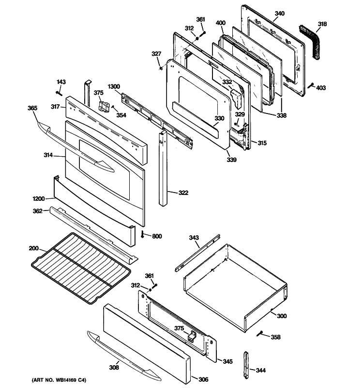DOOR & DRAWER PARTS Diagram and Parts List for PGB900SEM4SS  General Electric Range