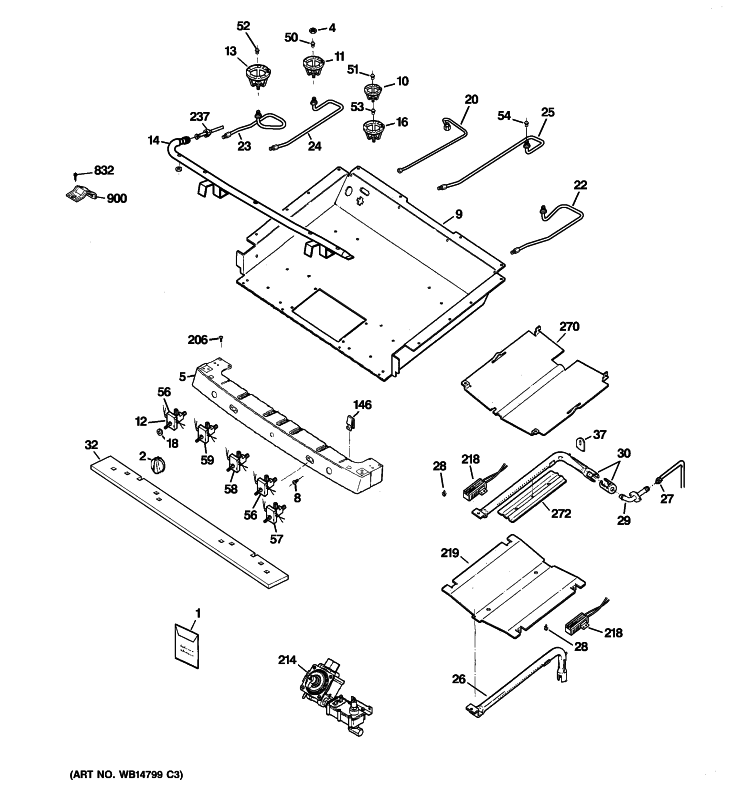 GAS & BURNER PARTS Diagram and Parts List for PGB910SEM3SS  General Electric Range