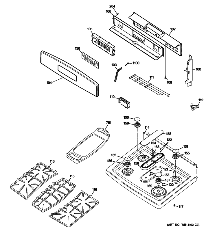 CONTROL PANEL & COOKTOP Diagram and Parts List for PGB910SEM3SS  General Electric Range