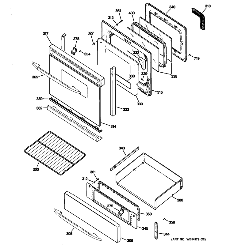 DOOR & DRAWER PARTS Diagram and Parts List for PGB916DEM3CC  General Electric Range
