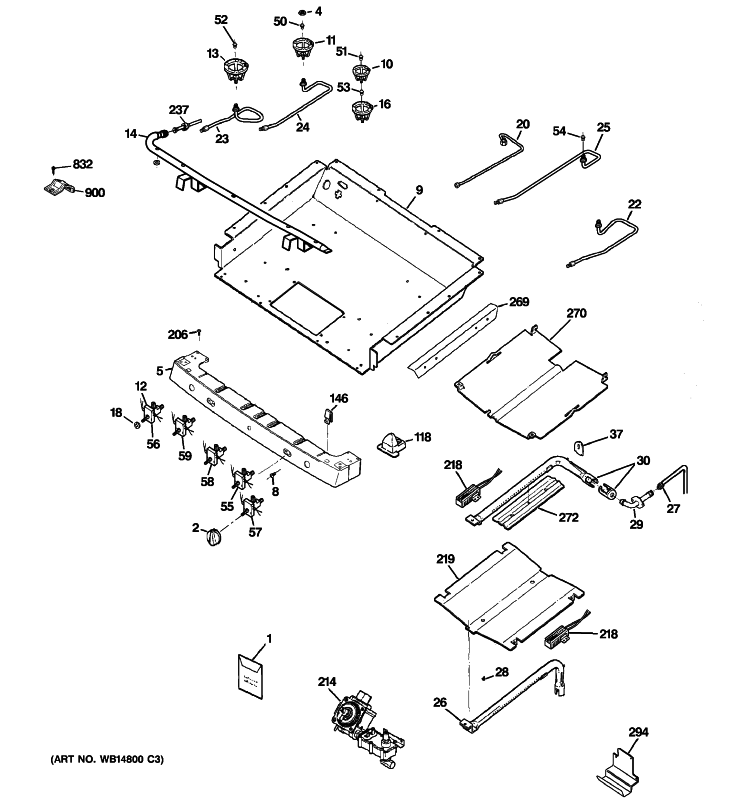 GAS & BURNER PARTS Diagram and Parts List for PGB916SEM3SS  General Electric Range