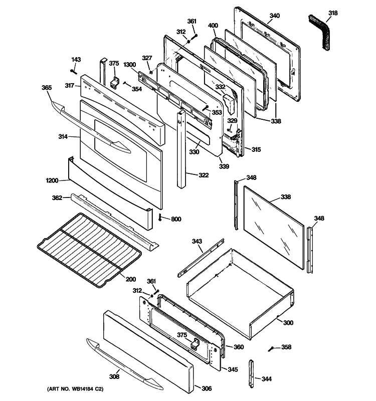 DOOR & DRAWER PARTS Diagram and Parts List for PGB916SEM3SS  General Electric Range