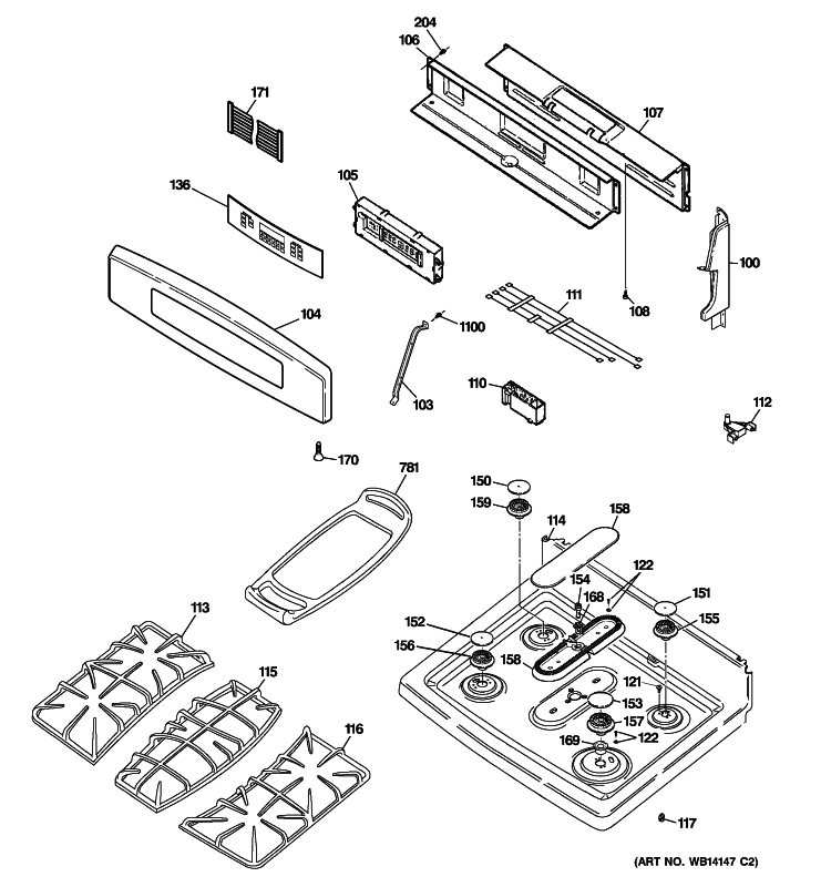 CONTROL PANEL & COOKTOP Diagram and Parts List for PGB918DEM3BB  General Electric Range