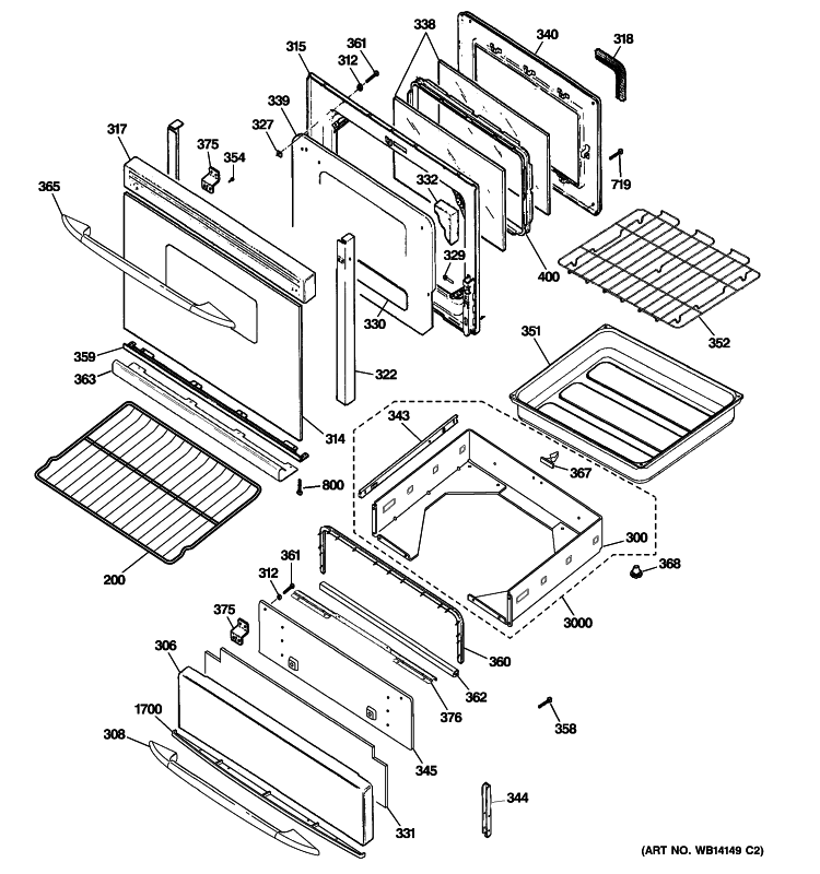 DOOR & DRAWER PARTS Diagram and Parts List for PGB918DEM3BB  General Electric Range