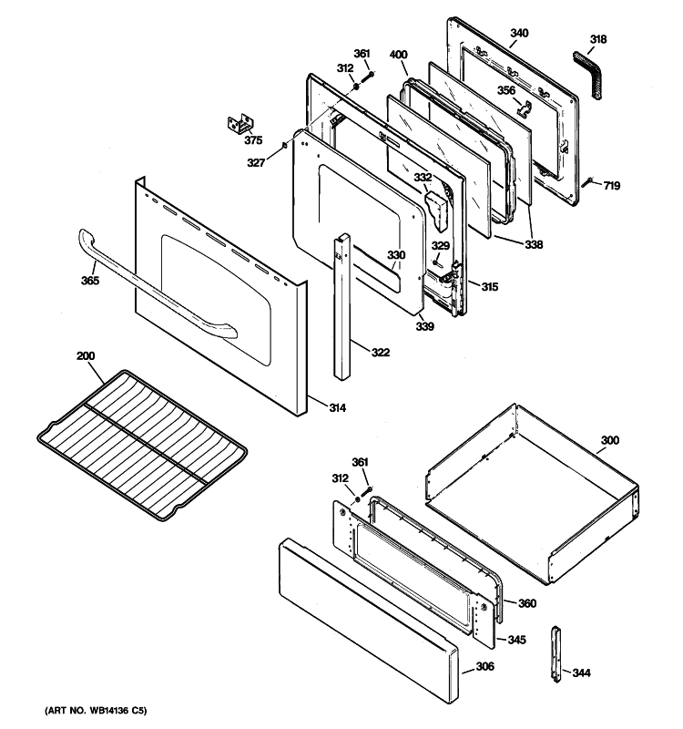 DOOR & DRAWER PARTS Diagram and Parts List for JGB810SEP1SS  General Electric Range