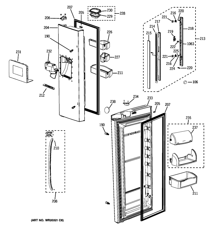 FRESH FOOD DOORS Diagram and Parts List for GFSS6KKYASS  General Electric Refrigerator