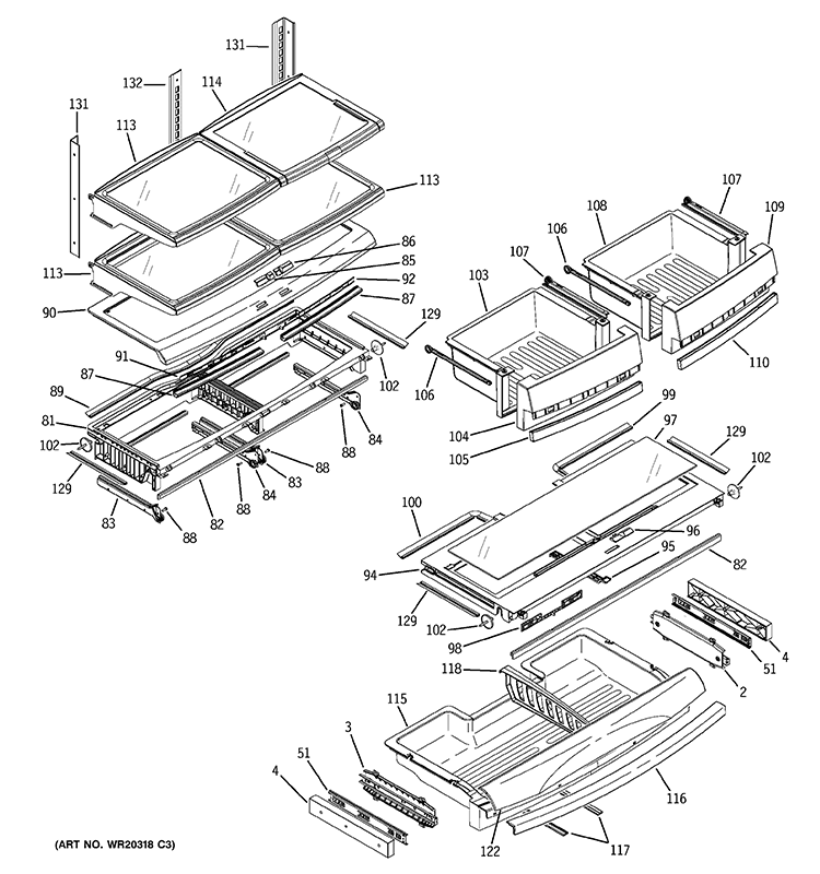 FRESH FOOD SHELVES Diagram and Parts List for PFSF5NFWABB  General Electric Refrigerator