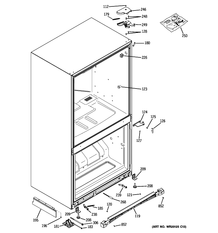 CASE PARTS Diagram and Parts List for PDCE1NBYCDWW  General Electric Refrigerator