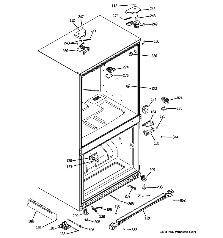 CASE PARTS Diagram and Parts List for PFCE1NJYCDBB  General Electric Refrigerator