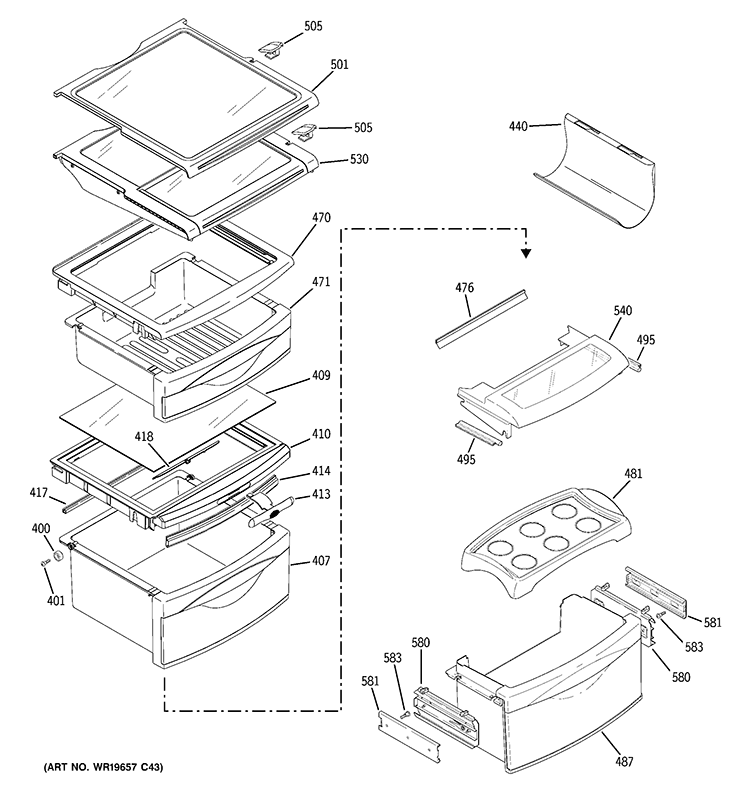 FRESH FOOD SHELVES Diagram and Parts List for ZFSB23DRHSS  General Electric Refrigerator