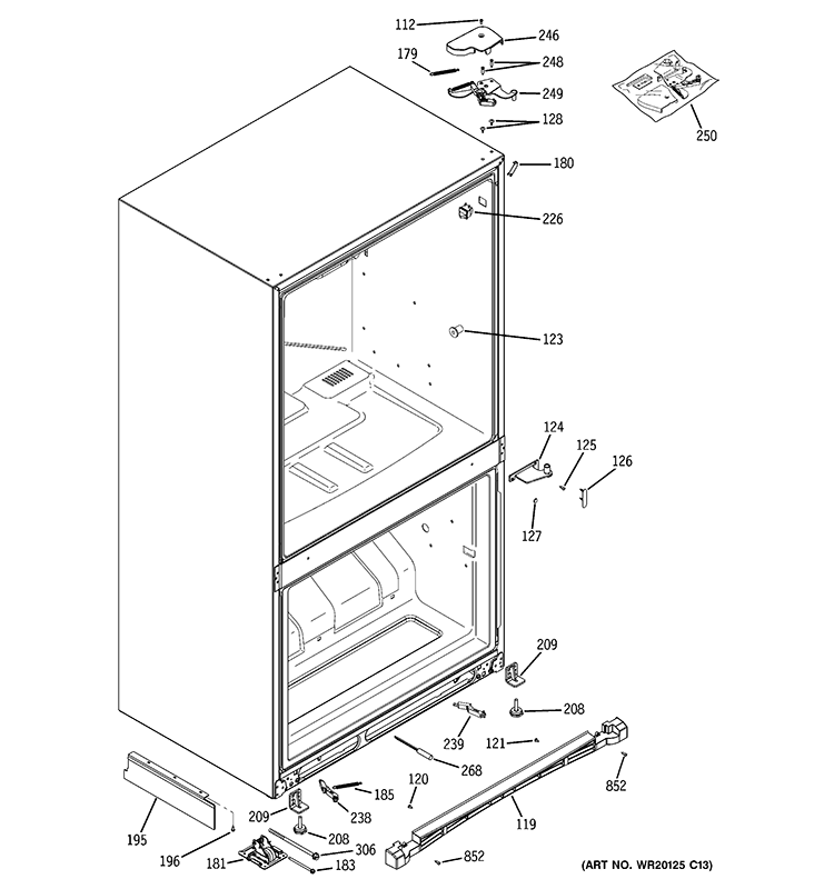 CASE PARTS Diagram and Parts List for PDCF1NBWAWW  General Electric Refrigerator