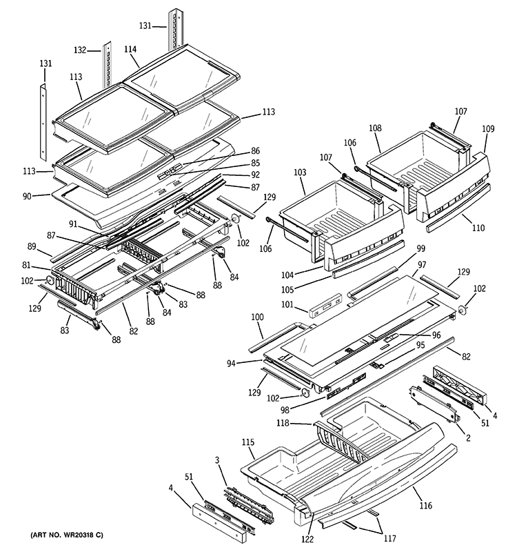FRESH FOOD SHELVES Diagram and Parts List for PDSE5NBWADSS  General Electric Refrigerator