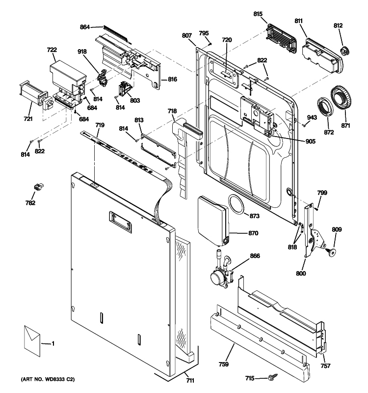 ESCUTCHEON & DOOR ASSEMBLY Diagram and Parts List for ZBD8920P10SS  General Electric Dishwasher