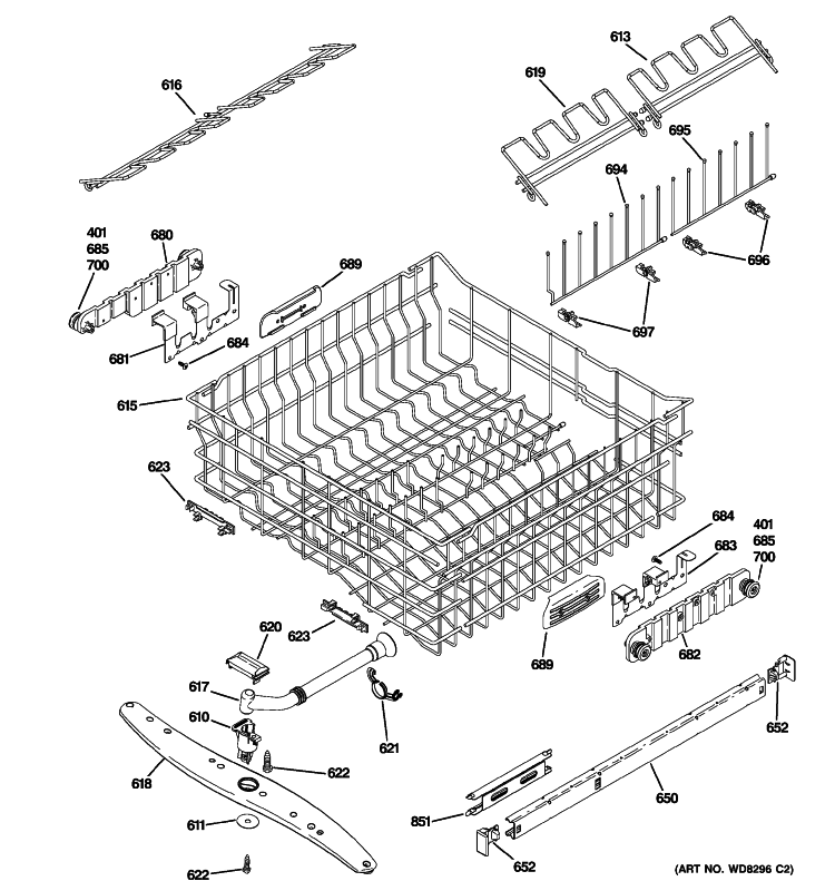 UPPER RACK ASSEMBLY Diagram and Parts List for ZBD8920P10SS  General Electric Dishwasher