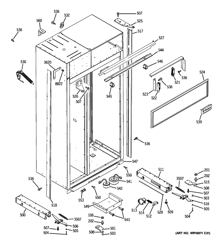 CASE PARTS Diagram and Parts List for ZSEB480DYA  General Electric Refrigerator