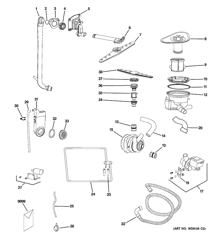 MOTOR-PUMP MECHANISM Diagram and Parts List for ZBD1800G00SS  General Electric Dishwasher