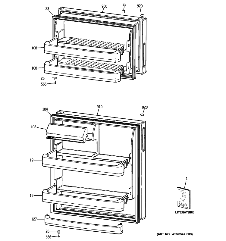 DOORS Diagram and Parts List for GTR18BBSFRWW  General Electric Refrigerator
