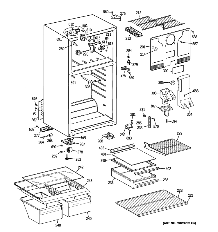CABINET Diagram and Parts List for GTS18FBSFRWW  General Electric Refrigerator
