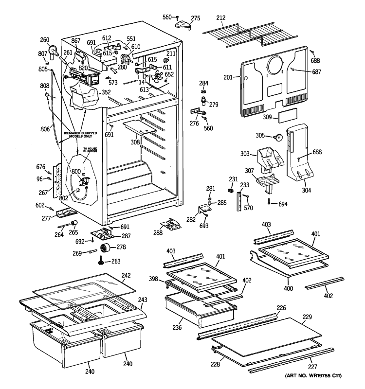 CABINET Diagram and Parts List for GTS18HCSFRCC  General Electric Refrigerator