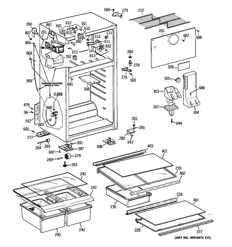 CABINET Diagram and Parts List for HTS18GCSFRWW  General Electric Refrigerator