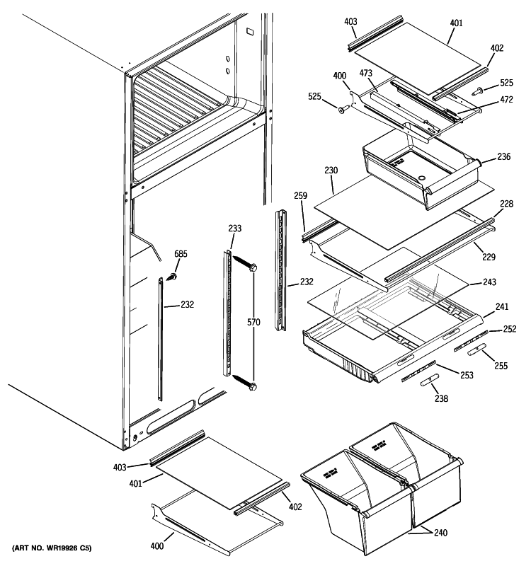 FRESH FOOD SHELVES Diagram and Parts List for DTH18ZBXCRWW  General Electric Refrigerator